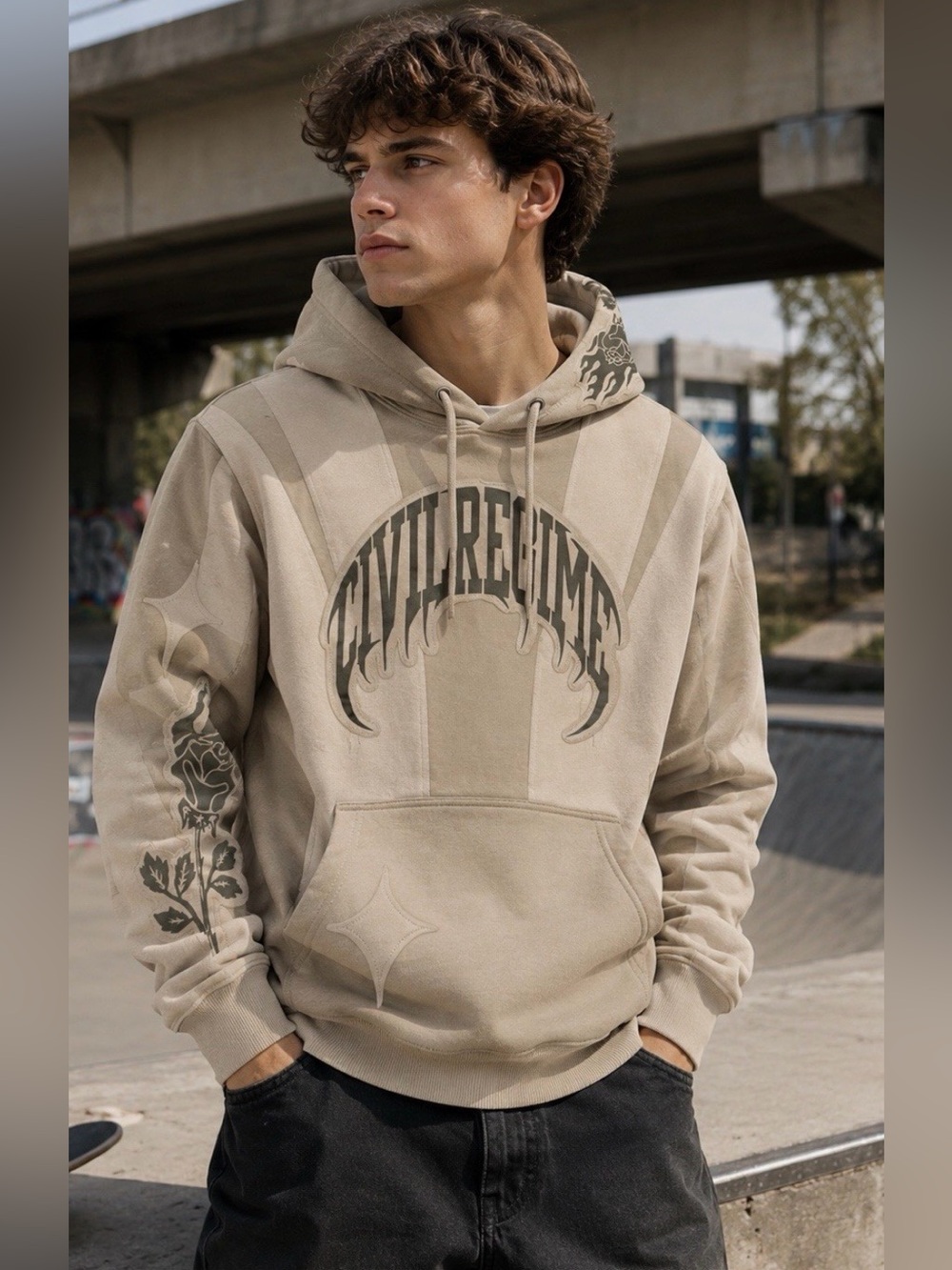 Civil Regime Beige Graphic Print Hoodie S Men Pullover Cotton Fleece Hooded